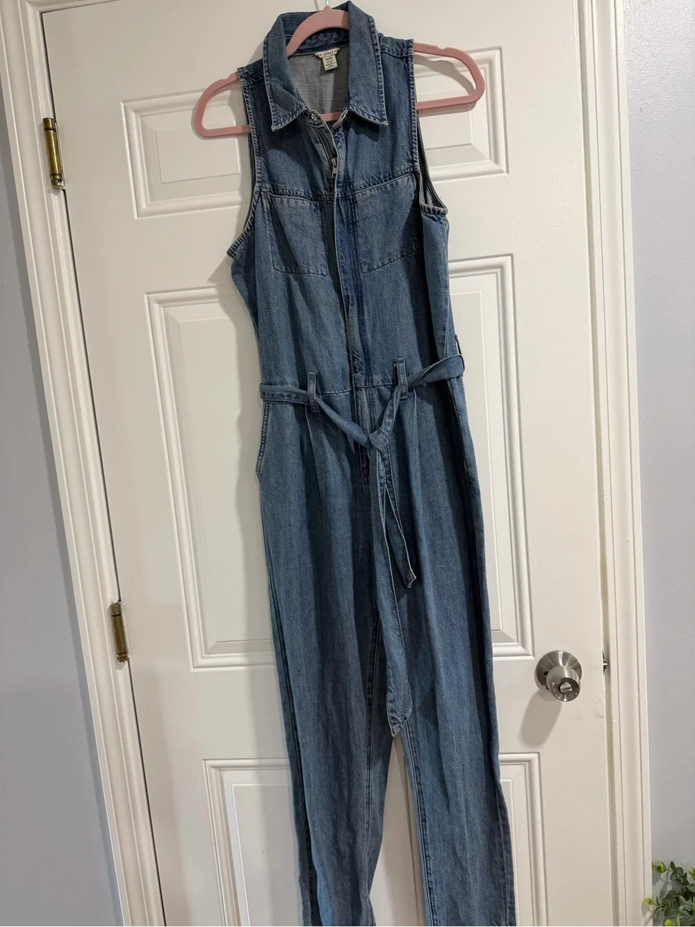 Guess Sleeveless Denim Jumpsuit in Light Blue Wash